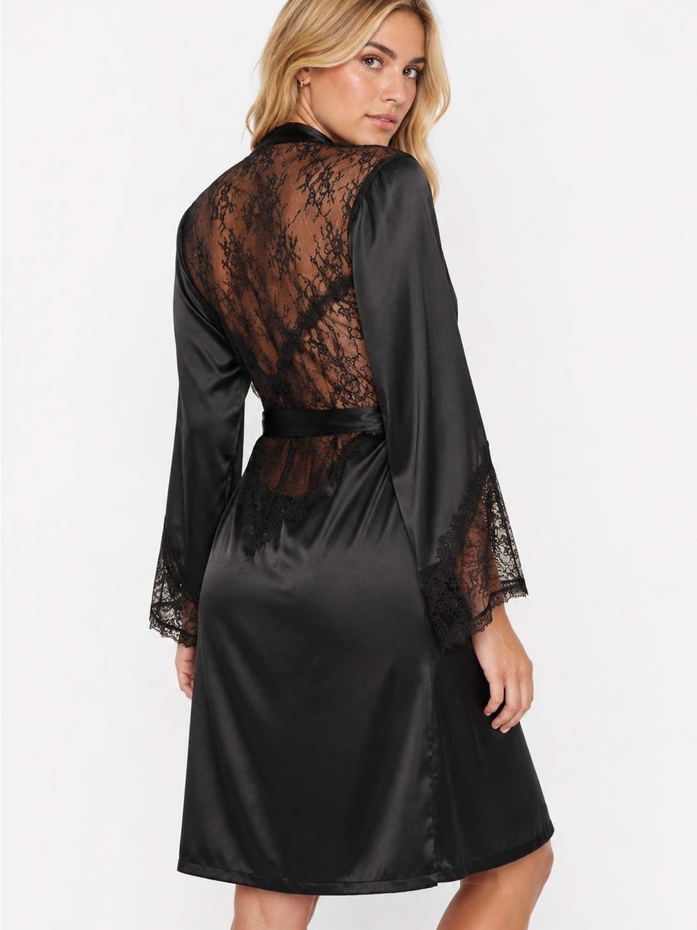 Victoria’s Secret Black Satin Lace Kimono Robe XS/S NWT Bridal Lingerie Pockets